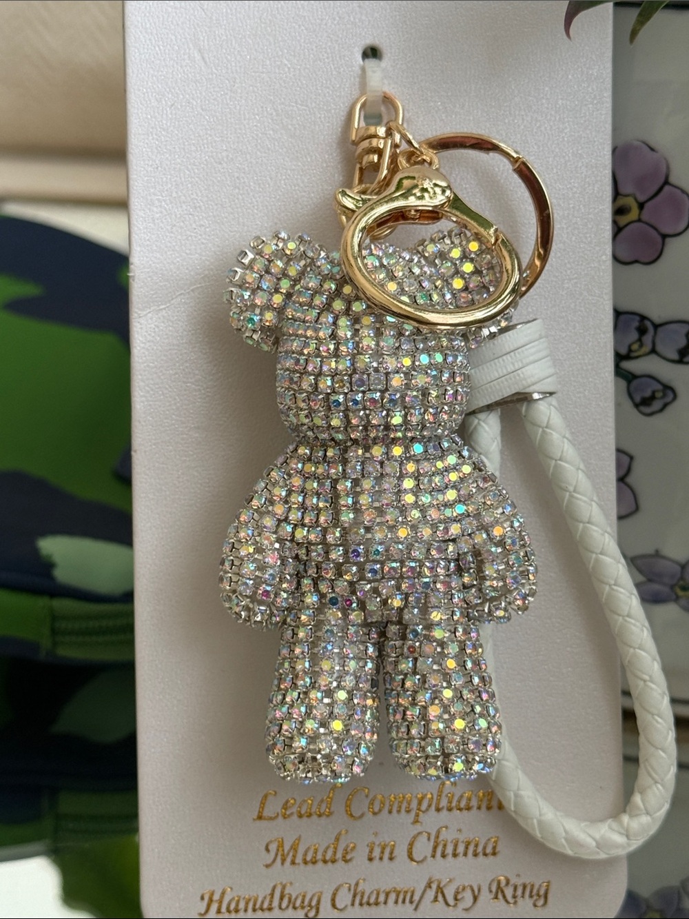 Sparkling Crystal Teddy Bear Keychain Bag Iridescent Crystals NWT
